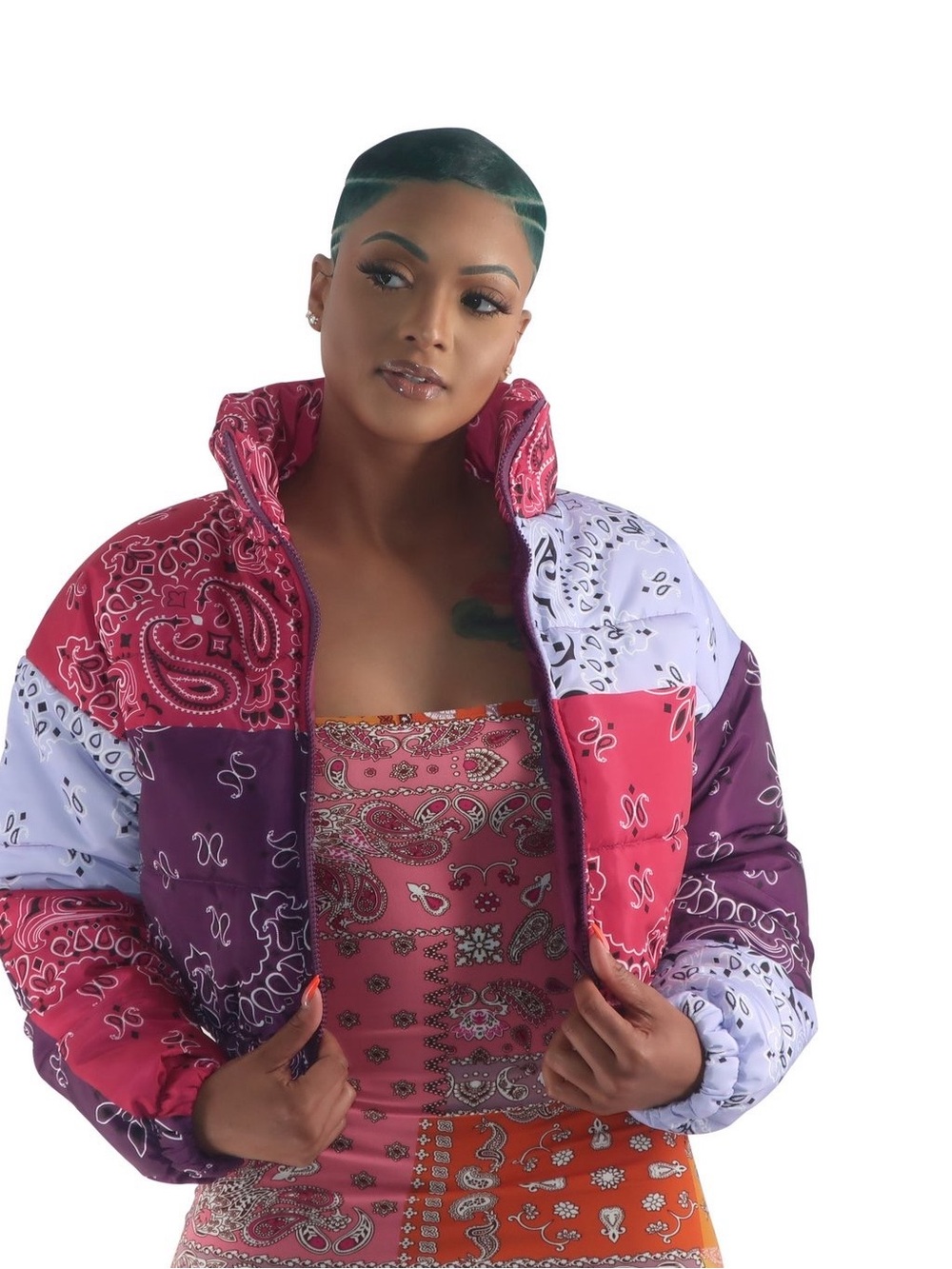 Women’s Patchwork Bandana Puffer Jacket - Pink & Purple - Picture 1 of 1